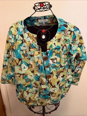 Harve Benard Teal Aqua Brown Abstract Quilted Jacket